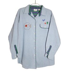 VTG Laura Katherine Womens 18W Sewing Embroidery Chambray Button Up Shirt